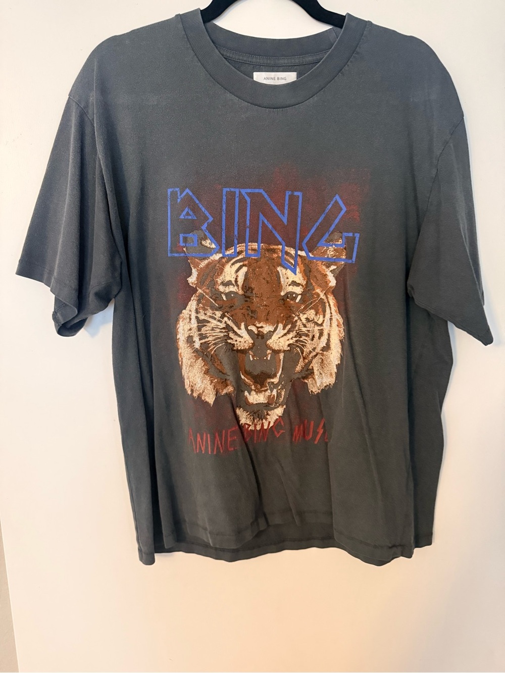 ANINE BING Charcoal Graphic Tiger Short Sleeve Tee with Blue Logo